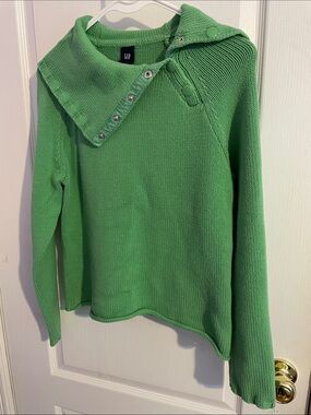 GAP Green Cotton Button-Trim Knit Turtleneck Sweater